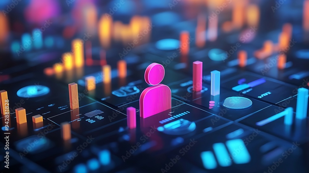 Poster a 3d digital human icon appears on a data analysis dashboard, symbolizing the blend of technology an