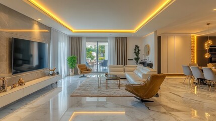 Fototapeta premium Modern Living Room Interior Design with White Sofa and Brown Armchair