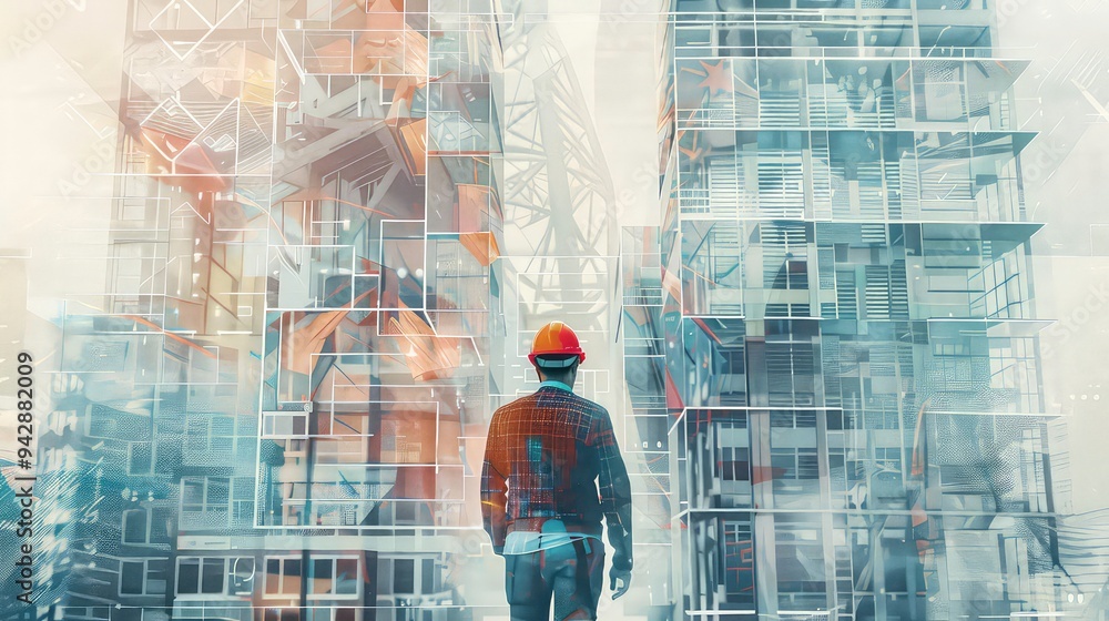 Poster an engineer in a hard hat stands in front of a modern building with a window view.