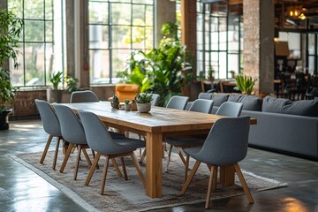 Obraz premium Stone house kitchen interior with cooking cabinet, dining table near window 