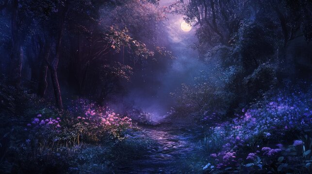Mystical Forest Path Under Full Moon with Flowers - Nighttime Nature Scene.