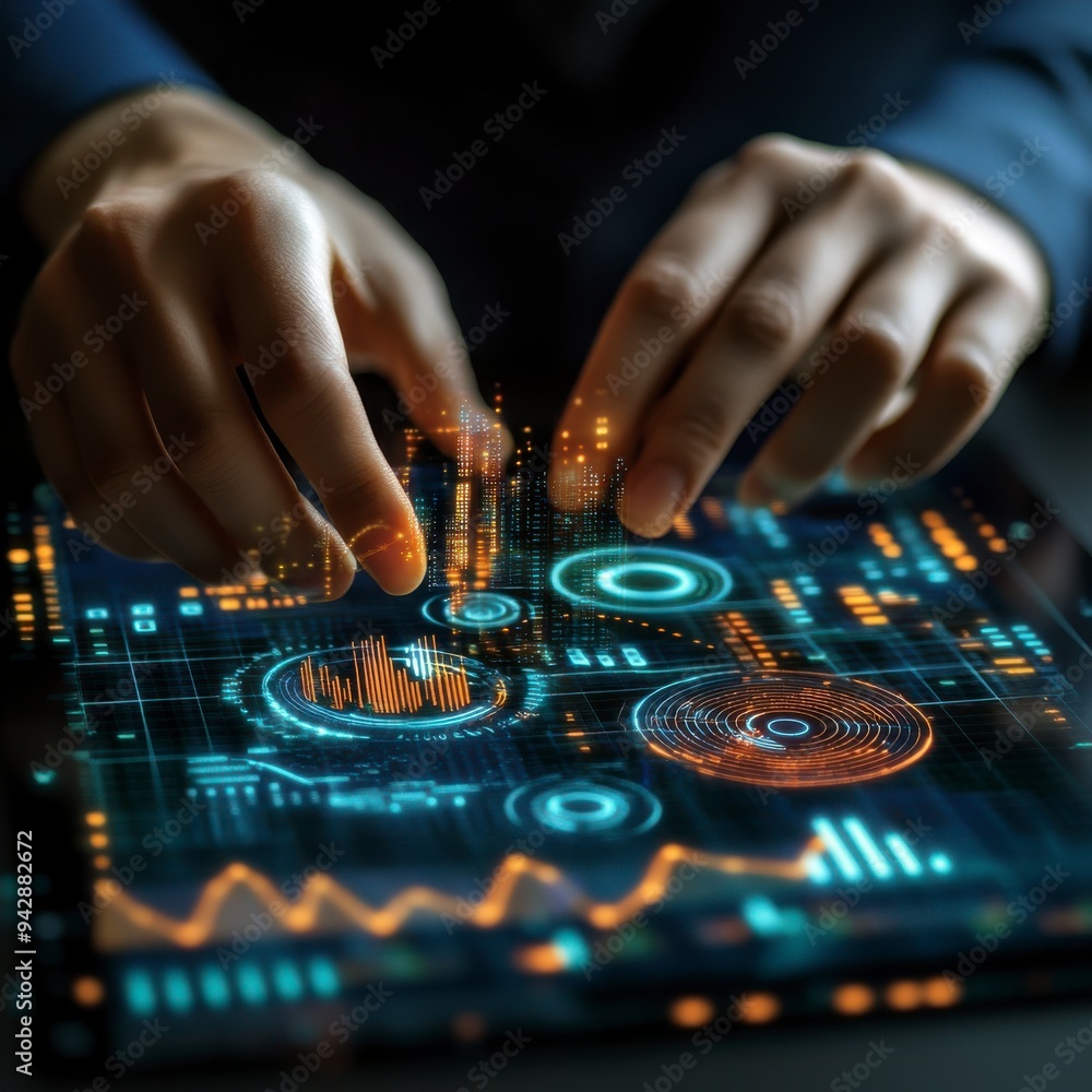 Poster the graphic is a stock chart with hands in the picture showing that they are working and checking th