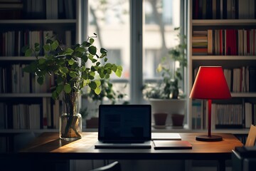 laptop on desk, bookcase in the background, red lamp and green plant, cozy home office