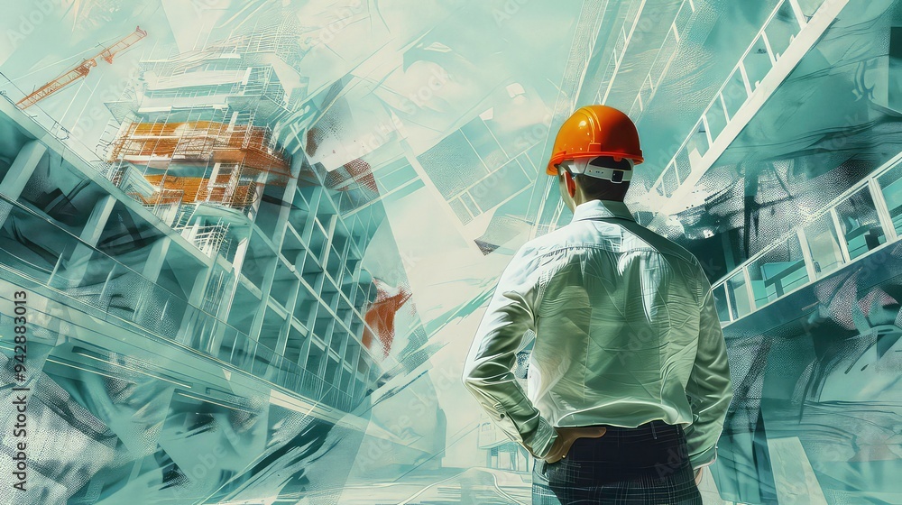 Poster architect or engineer in a hard hat standing in front of an abstract building design.