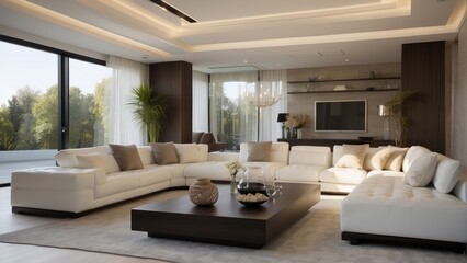 Modern Living Room with White Sectional Sofa and Dark Wood Coffee Table