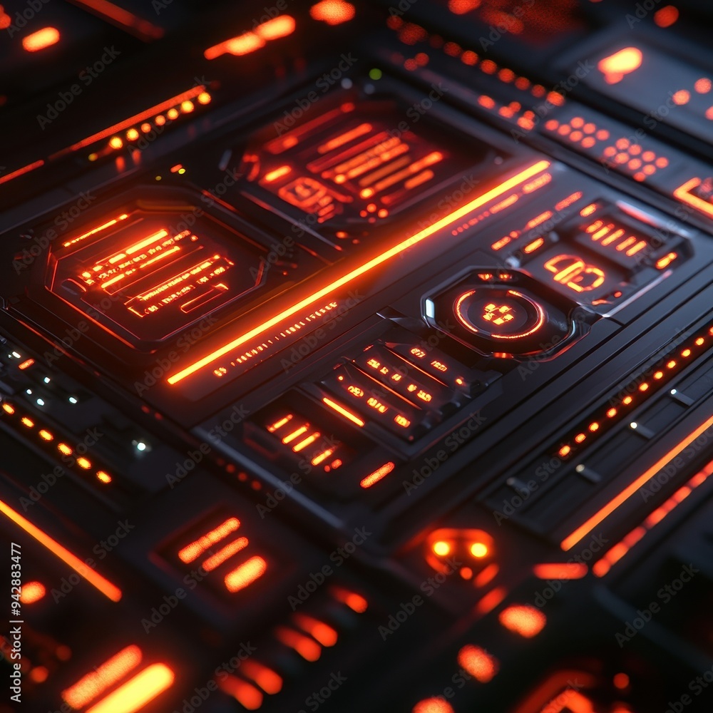 Poster futuristic technology interface with red led lights and buttons.