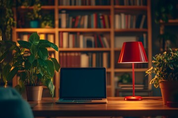 laptop on desk, bookcase in the background, red lamp and green plant, cozy home office