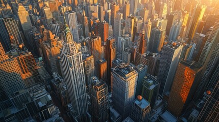 Obraz premium An Aerial View of a Densely Populated Cityscape with Skyscrapers Bathed in Golden Light