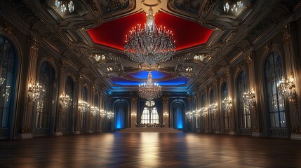 Obraz premium Majestic Ballroom with Crystal Chandeliers, Detailed Ceiling, and Warm Lighting Accented by Red and Blue Uplighting