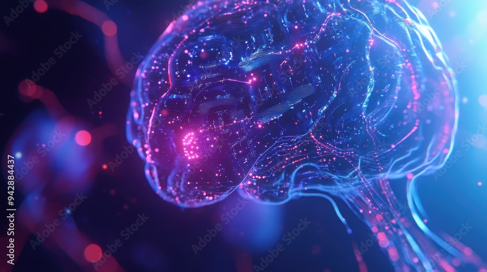 Poster abstract brain with circuitry and neon lights - ai and technology concept.