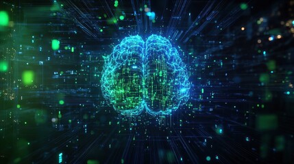 Abstract Digital Brain Illustration - Green and Blue Futuristic Technology Concept.