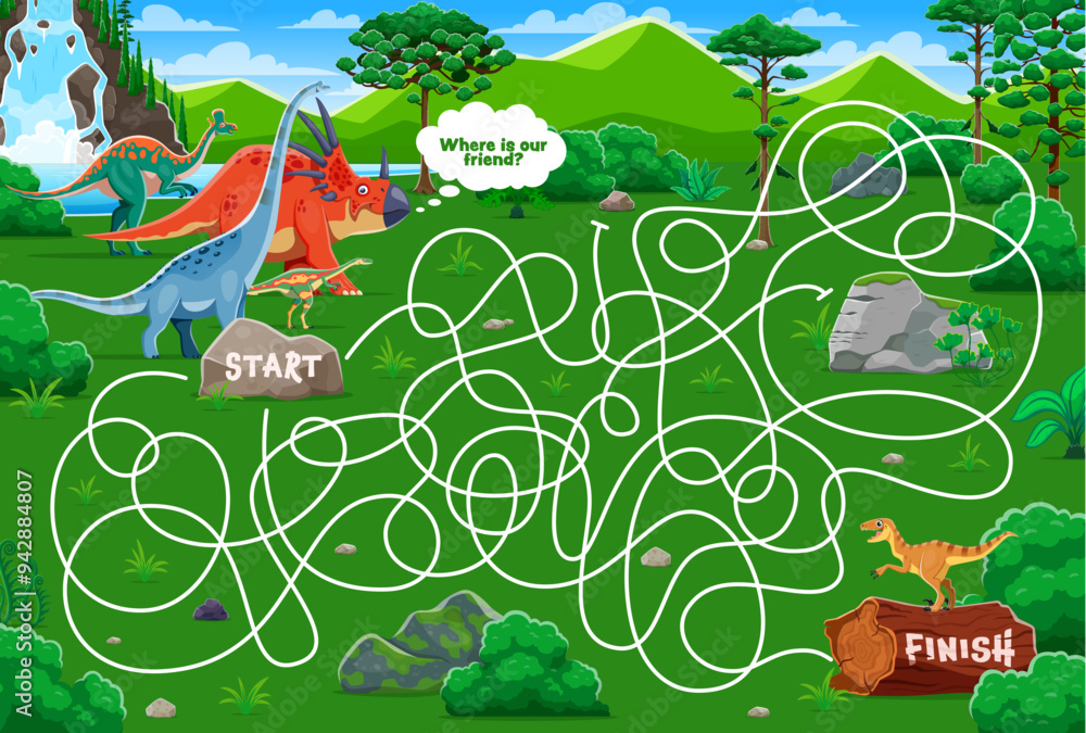 Poster kids labyrinth maze game to help prehistoric dinosaurs to find their friend, vector worksheet. kids 