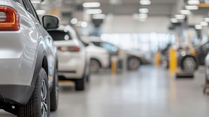 Blurred view of a modern car service center with vehicles parked inside, bright open space with natural light, defocused auto garage, service bay, clean, efficient