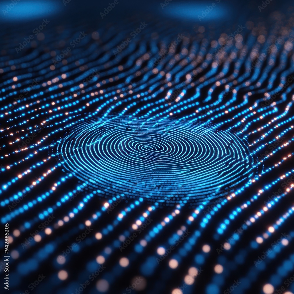 Poster abstract fingerprint pattern with blue and orange lights - digital security concept.