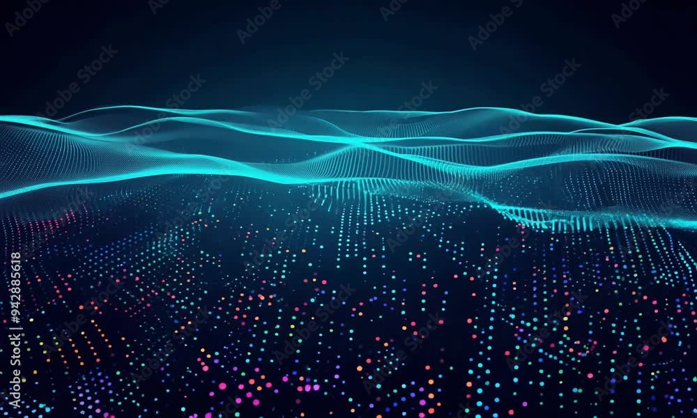 Poster illuminated waves dance in vibrant patterns across a digital landscape at night, creating a mesmeriz