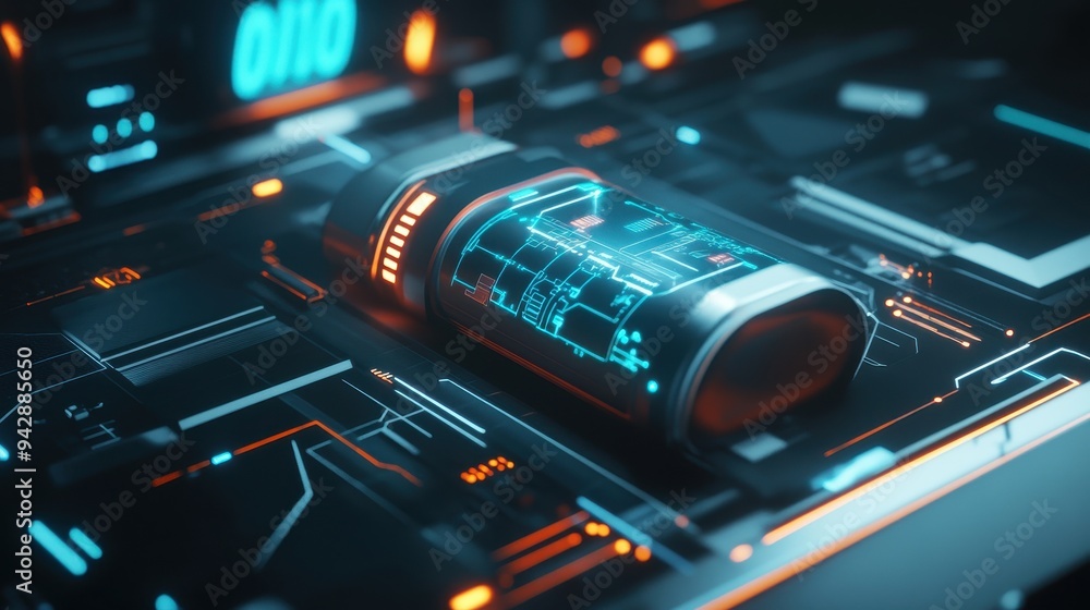 Poster futuristic technology abstract background - glowing circuitry and cyberspace interface