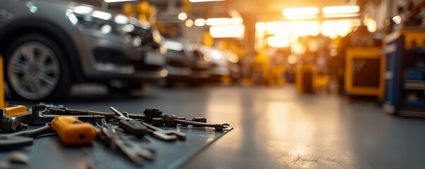 Sunlit auto repair workshop with defocused vehicles and tools, industrial space with soft light, blurred garage, auto service, modern, functional