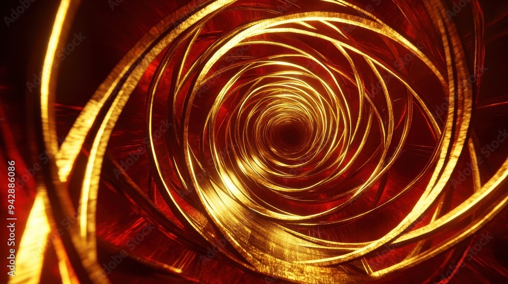 Poster abstract golden spiral tunnel with red glow - 3d render.
