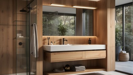 Modern Bathroom with Wood Vanity and a Window View of Lush Greenery