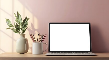 Fototapeta premium laptop with a white screen stands on the desk,workspace