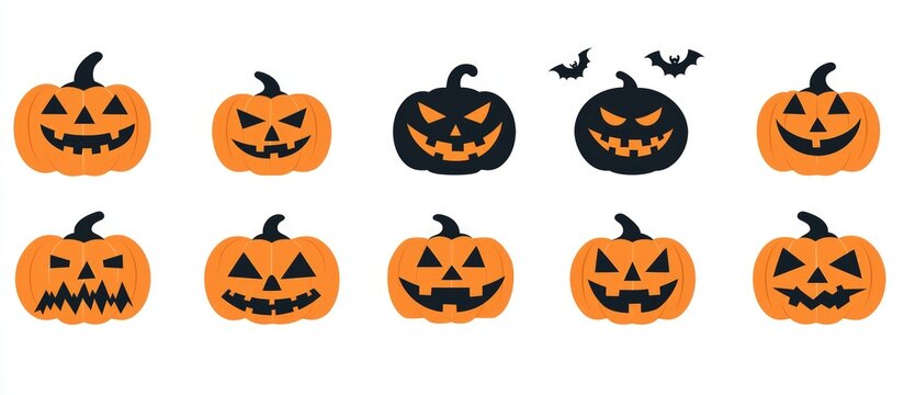 Graphical Halloween pumpkin faces, simple flat vector style, easy to use.