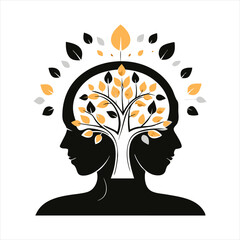 A symbolic vector illustration featuring a dual head silhouette with a tree of life growing inside, surrounded by leaves. Ideal for themes of mental health, growth, and mindfulness.