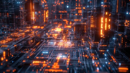 Fototapeta premium Abstract Futuristic Cityscape with Orange Lights and Glowing Circuitry.