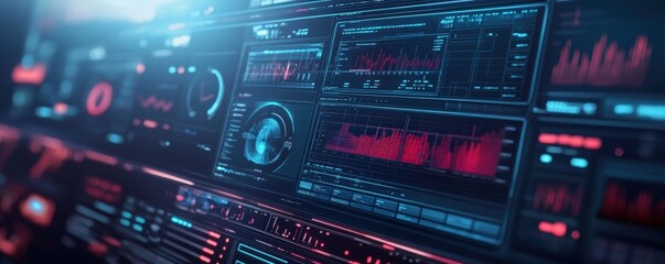Futuristic digital interface showcasing data visualization and analysis with vibrant colors and high-tech design elements.