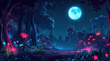 Enchanted Forest Night Scene with Full Moon and Glowing Flowers.