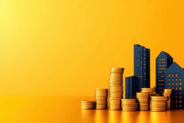 A vibrant image showcasing coins stacked against a bright orange background with modern buildings symbolizing finance and investment.