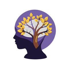 A vector illustration showing a head silhouette with a tree inside, representing growth, knowledge, and mental health. Perfect for educational, psychological, and wellness themes.