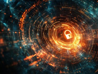 Obraz premium Abstract Futuristic Cyber Security Background with Glowing Lock Icon and Circuit Board Design.