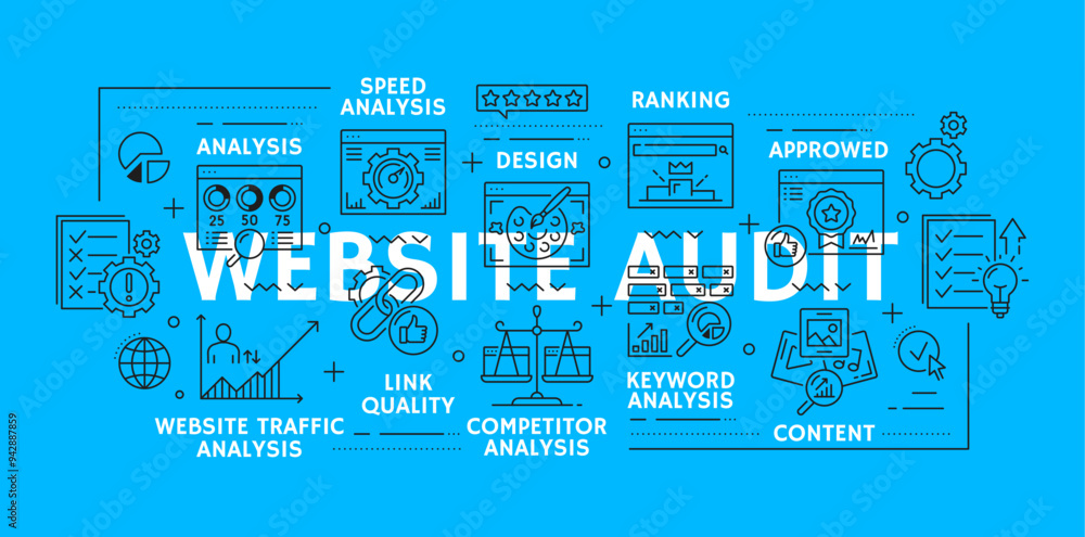 Poster web audit line icons of website analytics and keywords analysis, vector background. web audit outlin