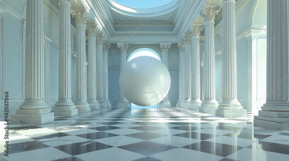 Poster white sphere floating in a white classical hall with checkerboard floor.