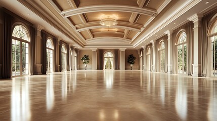 Grand Empty Event Hall with Polished Floors, Elegant Ceiling Moldings, and Serene Neutral Decor