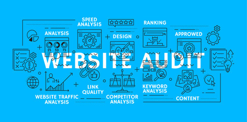 Web audit line icons of website analytics and keywords analysis, vector background. Web audit outline icons of content optimization and web performance analysis for website ranking and traffic