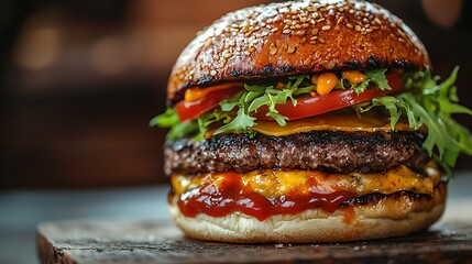 A cheeseburger topped with lettuce, tomato, and a sesame seed bun sits ready to be devoured.