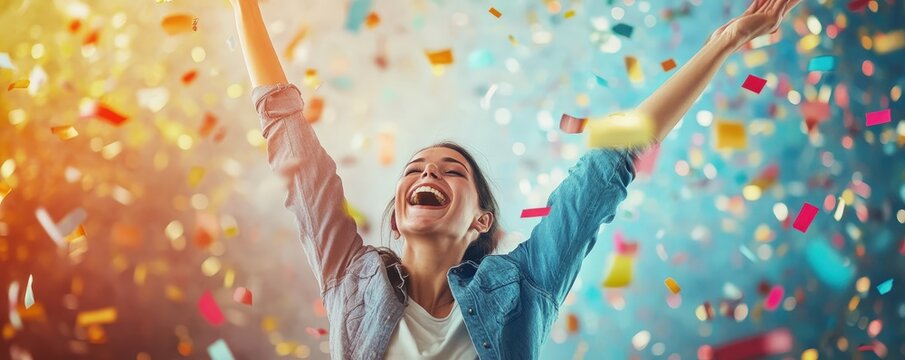 A joyful woman celebrating amidst colorful confetti, embodying happiness and excitement in a vibrant atmosphere.