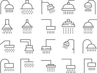 Fototapeta premium Set of Shower Head vectors for Adverts. Suitable for books, stores, shops. Taking bath shower icons signs. Bathroom shower pictogram symbols in black Outline styles isolated on transparent background.