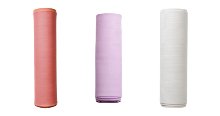 Colorful rolls of fabric in pink, lavender, and white, perfect for sewing, crafting, and creative projects. Soft texture and vibrant hues.