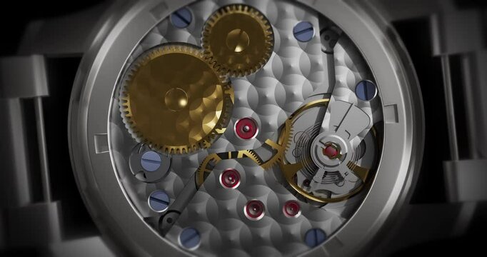 Automatic Watch Movement in Beautiful 3D Animation with Transparent Back. Close Up Macro Shot. Luxury Watch Related 3D Animation.