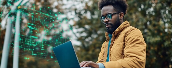 Engineer with laptop, analyzing wind turbine data, high-tech interface, futuristic overlay, sharp focus, neon blue and green tones