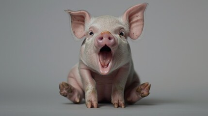 Fototapeta premium The piglet looks shocked as its mouth opens and places its paws in front of the grey background.