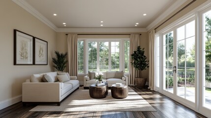 Fototapeta premium a Typical American Living Room with Light Beige Walls, Dark Hardwood Flooring, Modern Furniture