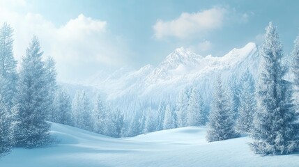 A serene winter landscape with snow-covered trees and mountains, leaving room for text in the sky. Ideal for seasonal, holiday, or nature themes.