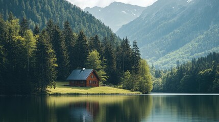 Fototapeta premium A serene view of a mountain cabin by a lake with forested hills in the background, offering space for text. Ideal for travel, adventure, or relaxation themes.
