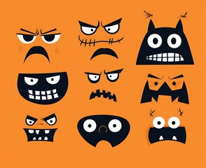 Simple line art showcasing various scary faces for Halloween vector designs.