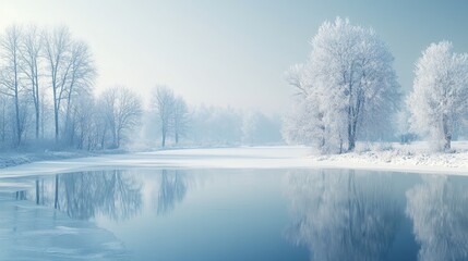A serene winter landscape with a frozen lake and snow-covered trees, offering wide space for text. Ideal for seasonal, holiday, or nature