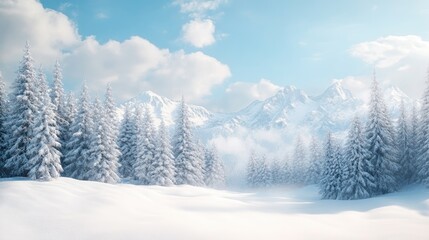 Fototapeta premium A serene winter landscape with snow-covered trees and mountains, leaving room for text in the sky. Ideal for seasonal, holiday, or nature themes.
