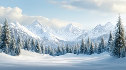 Obraz premium A serene winter landscape with snow-covered trees and mountains, leaving room for text in the sky. Ideal for seasonal, holiday, or nature themes.